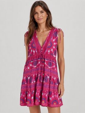 Bindu Positano Cotton Tiered Dress V-Neck in Pink